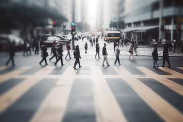 Rush hour in city. Unrecognizable people walking at city street, motion blur effect. Pedestrians at crossroad. Created with Generative AI