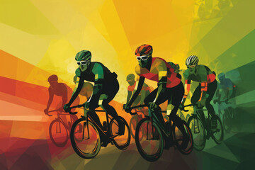 Fototapeta na wymiar Cyclists team riding on bicycles, color drawing. Bike race banner. Active sport sticker. Created with Generative AI