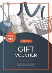 Promo gift flyer with knitted clothes, balls of wool, knitting item. Skein of yarn.Tools, equipment for knitwork, handicraft. Handmade needlework, hobby. Knitting studio Vector A4 poster, banner,cover
