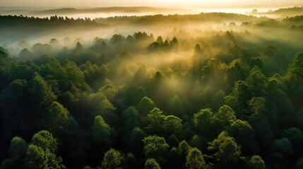 Fototapeta na wymiar Aerial View of Misty North German Forest at Sunrise. Generative AI