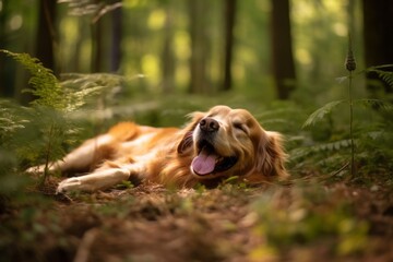 Lifestyle portrait photography of a happy golden retriever rolling against forests and woodlands background. With generative AI technology