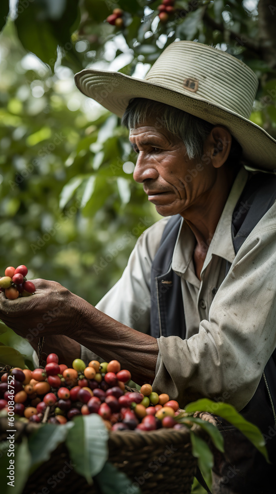 Wall mural A man holding a basket full of coffee cherries. Generative AI.