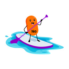 Cartoon Natrium micronutrient character on sup board. Vector Na funny sportsman element race water waves on board with paddle. Vitamin personage watersport recreation, summer holidays activities