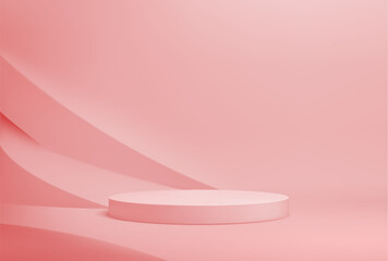 Pink or coral round podium. Fashion shop showcase mockup scene, cosmetics product presentation pedestal. Exhibition gallery space realistic vector pink color background with empty podium - obrazy, fototapety, plakaty