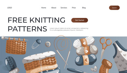 Landing page with balls of wool, needles, knitted clothes. Skein of yarn.Tools, equipment for knitwork, handicraft. Handmade needlework, hobby. Knitting studio poster, banner, cover, card. Vector