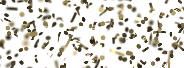 Golden confetti falling down isolated on transparent background.