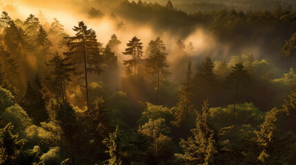 Aerial View of Misty North German Forest at Sunrise. Generative AI