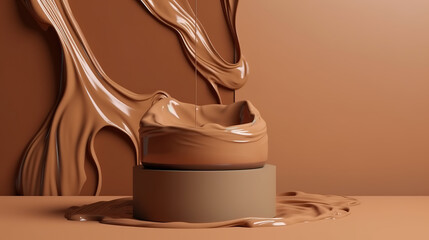 3D beige pedestal podium with brown creamy foundation flow splash. Generative ai