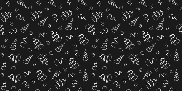 Seamless squiggle pattern. Vector black background with white swirls. Doodle for packaging design