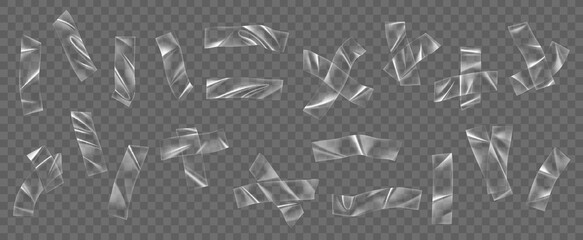 Transparent plastic tape, adhesive overlay patch stickers. Transparent sticky film strip, isolated transparent and glossy duct tape lines, 3d vector adhesive crumpled plastic stickers set