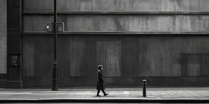 AI Generated. AI Generative. Monochrome black and white city urban photo realistic illustration with lonely person. Noir drama lonely vibe. Graphic Art