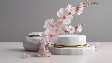 Minimal product display stone podium with blossom flowers. Generative ai