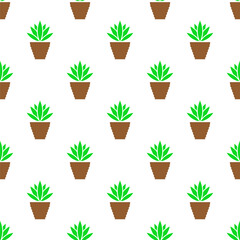 Fototapeta premium Small plants in pots isolated on white background. Cute floral seamless pattern. Vector simple flat graphic illustration. Texture.