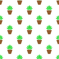 Small plants in pots isolated on white background. Cute floral seamless pattern. Vector simple flat graphic illustration. Texture.