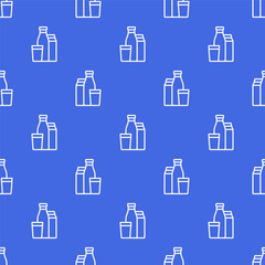 White small contour linear milk bottles and a glass isolated on a blue background. Monochrome seamless pattern. Vector simple flat graphic illustration. Texture.
