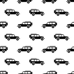 Black SUVs isolated on white background. Monochrome off-road seamless pattern. Vector simple flat graphic illustration. Texture.