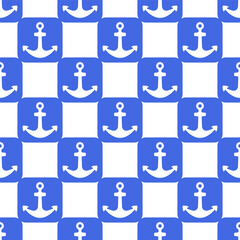 Small blue checkered ship anchors isolated on white background. Marine monochrome seamless pattern. Vector simple flat graphic illustration. Texture.