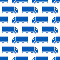 Blue trucks isolated on white background. Side view. Monochrome seamless pattern. Vector simple flat graphic illustration. Texture.
