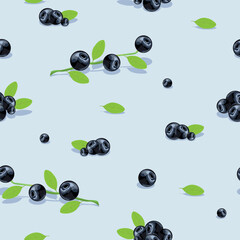 Seamless pattern of blueberries, blueberry sprigs and green lits. Delicious, healthy and sweet background. Healthy food. Vector background in cartoon style.