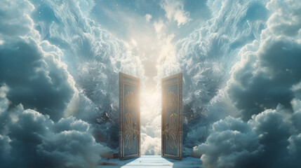Fototapeta na wymiar magic door in the clouds surrounded by electro magnetic waves