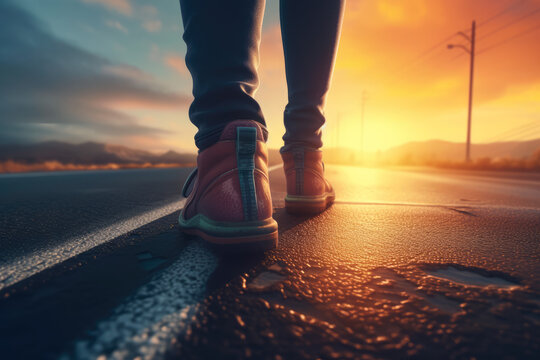 Running Shoes Close-up. Man Jogging In The City At Sunset, Generative AI