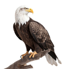 Fototapeta premium an isolated bald eagle (Haliaeetus leucocephalus) , sitting on a branch, preservation, Wildlife-themed, photorealistic illustration on a transparent background cutout in PNG. generative ai