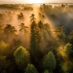 Aerial view of a misty North German forest at sunrise. Generative AI