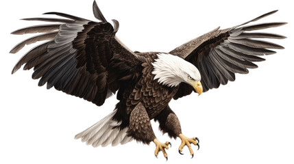 Obraz premium an isolated bald eagle (Haliaeetus leucocephalus), flying in motion and in landing position, elusive, Wildlife-themed, photorealistic illustration on a transparent background PNG. Generative AI 