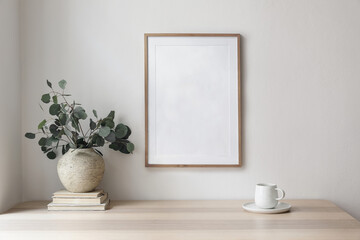 Empty wooden picture frame, poster mockup hanging on beige wall background. Vase with green...