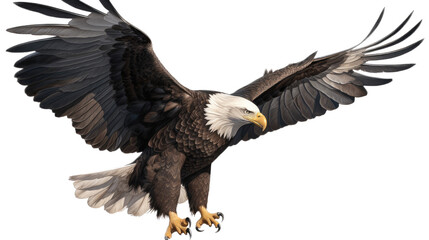 Fototapeta premium an isolated bald eagle (Haliaeetus leucocephalus), flying in motion and in landing position, elusive, Wildlife-themed, photorealistic illustration on a transparent background PNG. Generative AI 