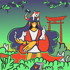 a girl in a kimano with cats and a Japanese gate in the background in vector.a portrait of a girl in a flat style for design.bush plants book snakes and hares.character from myths.