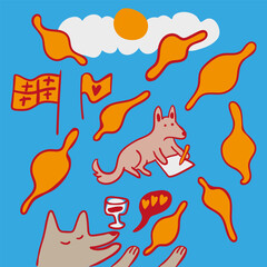 pose and draw abstract poster template in vector.georgian bread sun cloud glass of wine in flat style for design.dog characters sketching.dog drawing on paper.outline georgia.