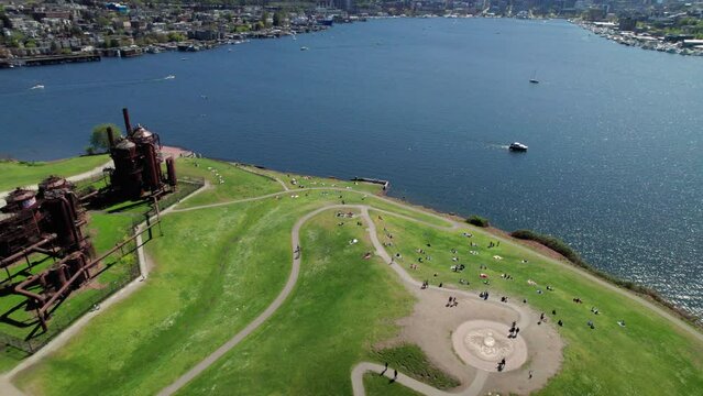 People Enjoying Sun at Gas Works Park Seattle Shot by Drone
