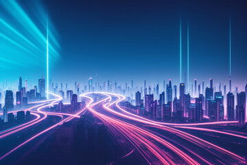 Beautiful blue tone image of a neon style city, AI image in high resolution