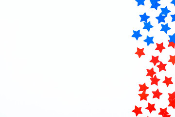 4th July, American independence day concept on white. Red and blue stars on white.