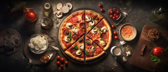Fototapeta na wymiar Tasty vegetarian pizza with cherry tomatoes, mozzarella cheese and fresh oregano. Close up.