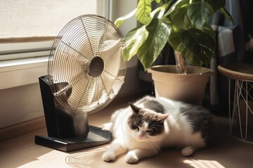 Domestic cat seeks relief from hot summer heat - obrazy, fototapety, plakaty