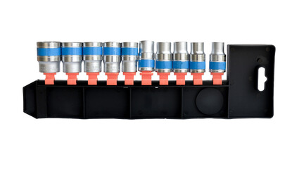 Set of Mechanic tool,Socket wrench with a metal block on white background.