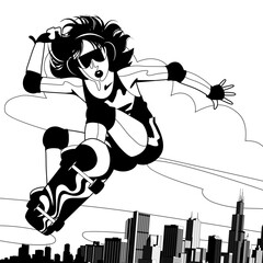 Black and white line drawing of young girl with headphones jumping on a skateboard against the city skyline. Vector illustration
