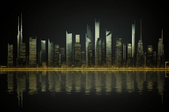 Beautiful 2 tone black and gold image of a neon style city, AI image in high resolution