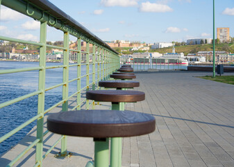Nizhniy Novgorod, Russian Federation, April 27, 2023, Wooden seats