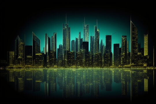 Beautiful 2 tone blue-green and gold image of a neon style city, AI image in high resolution