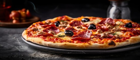 Tasty pepperoni pizza and cooking ingredients tomatoes basil on black concrete background. Top view of hot pepperoni pizza. With copy space for text. Flat lay. Banner