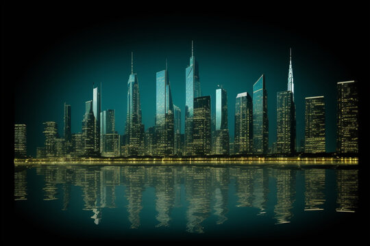 Beautiful 1 tone blue-green and gold image of a neon style city, AI image in high resolution