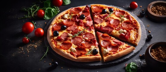 Tasty vegetarian pizza with cherry tomatoes, mozzarella cheese and fresh oregano. Close up.