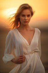 Fototapeta na wymiar a pretty young woman in a white dress on the beach at sunset. generative AI