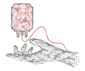 A medical bag with blood over the arm. Low-poly design of interconnected lines and dots.