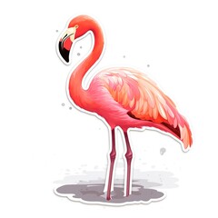 Cartoon sticker of pink Flamingo over white background. Generative AI illustration