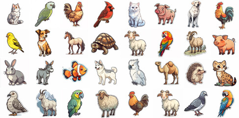 Collage of huge variety of cartoon stickers of domestics animals over white background. Generative AI illustration