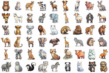Fototapeta premium Cartoon stickers of mammals of the world over white background. Generative AI illustration